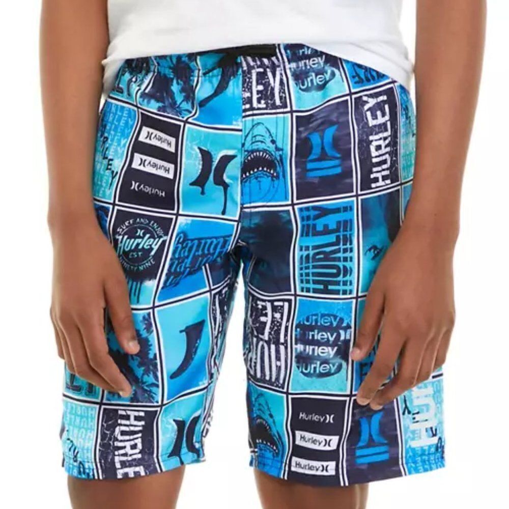 Hurley Big Boy's Shark Blue Pull On Lined Swim Trunks Size XL